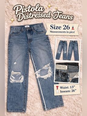Pistola Distressed Straight Leg Jeans Size 26 Button Fly High Rise Denim